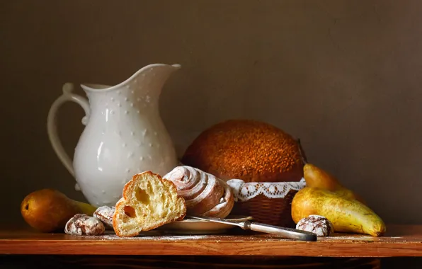 Table, bread, knife, pitcher, still life, pear, buns, gingerbread