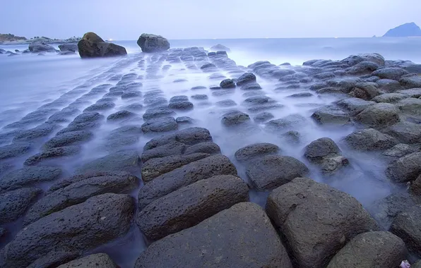 Picture sea, fog, stones