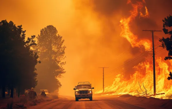 Road, Trees, Smoke, Fire, Machine, Fire, Men, Digital art
