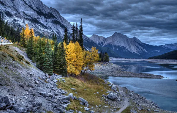 Picture autumn, the sky, trees, mountains, clouds, lake, the evening