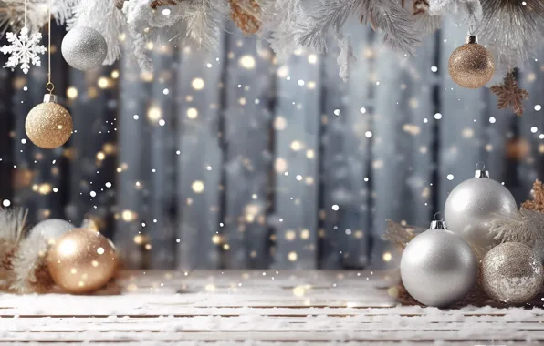 Winter, frost, balls, snow, snowflakes, branches, lights, Board