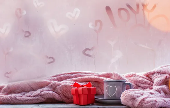 Comfort, gift, coffee, window, Cup, plaid, heart