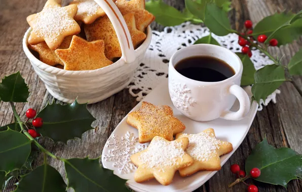 Picture leaves, branches, berries, holiday, Board, new year, coffee, cookies