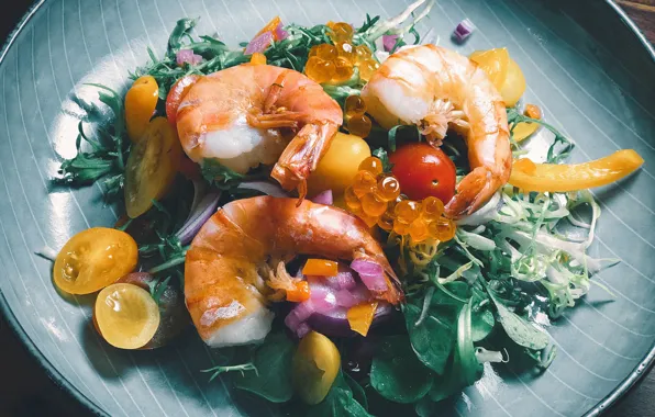 Greens, plate, caviar, salad, shrimp, tomatoes