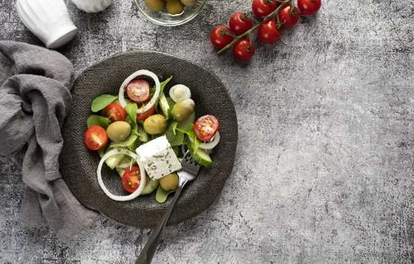 Picture cheese, plate, grey background, vegetables, olives, salad