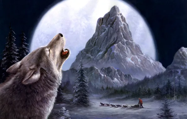 Picture winter, wolves, painting, Tok Hwang