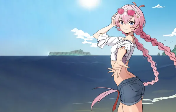 Girl, sexy, ass, shorts, pink hair, long hair, sea, anime