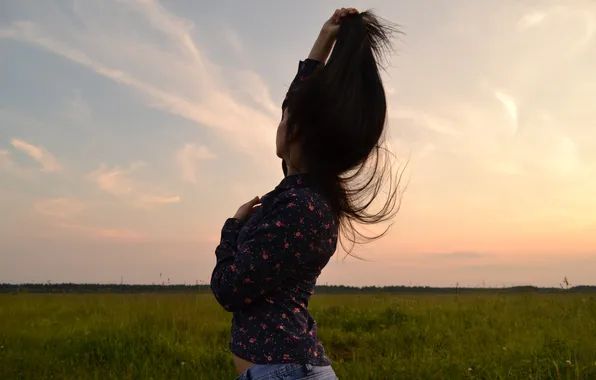 Field, girl, the sun, sunset, hair, Summer, Russia, homeland