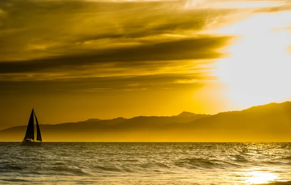 Sea, landscape, sunset, boat