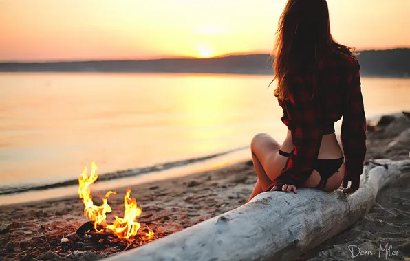 Sand, ass, girl, landscape, sunset, fire, panties, figure