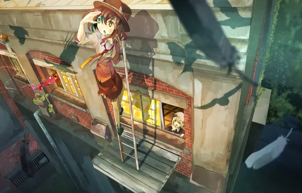 Picture girls, the building, Windows, feathers, ladder, touhou