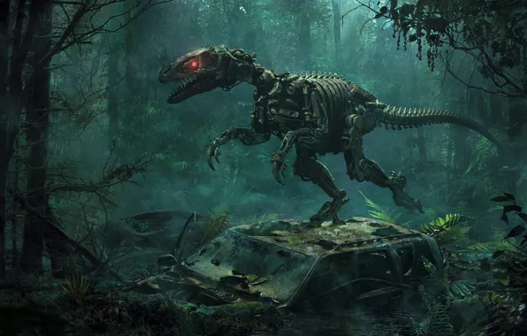 Picture forest, raptor, science fiction, red eyes, CGI, derelict, dinosaurs, Mech Animals