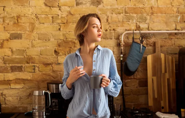 Hot girl, short hair, model, coffee cup, sexy woman, photoshoot, posing, kitchen