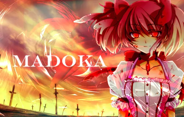 Sadness, the sky, girl, magic, blood, anime, art, bows