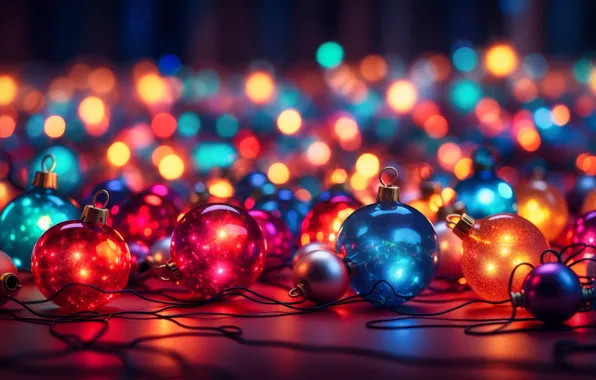 Balls, light, lights, lights, wire, bright, toys, Christmas