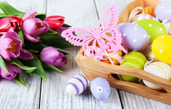Picture flowers, eggs, colorful, Easter, tulips, happy, wood, pink