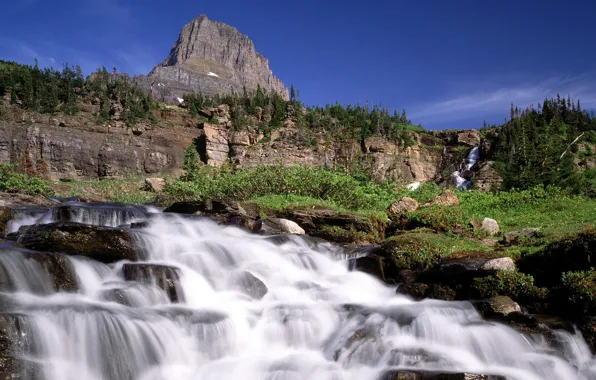 Trees, mountains, waterfall