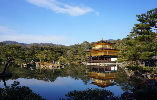 Nature, lake, the building, Japan, Kyoto, Golden Pavilion