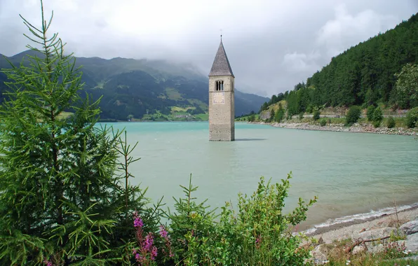 The sky, mountains, lake, Germany, Church, Reschenstausee