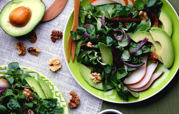 Picture pear, nuts, salad, avocado