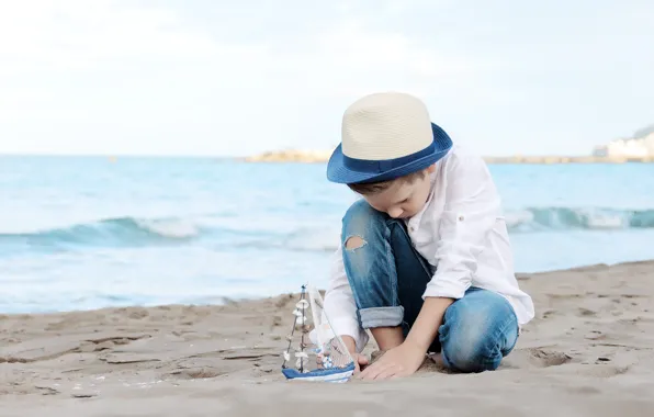 Sea, shore, jeans, hat, boy, boat, coast, hat