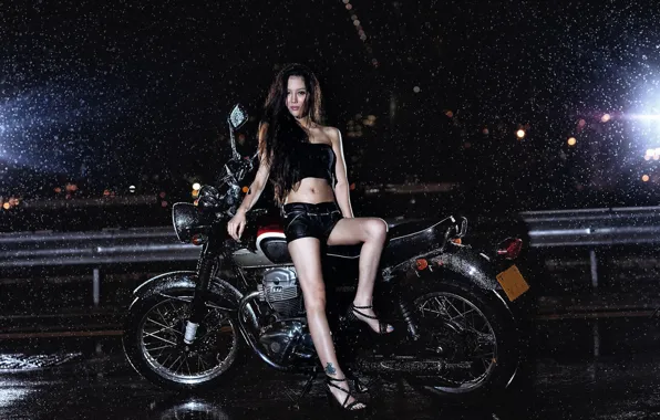 Girl, rain, motorcycle, Asian