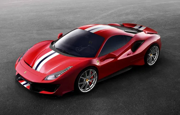 Picture red, Ferrari, 2019, V8 twin turbo, 488 Pista, gray asphalt