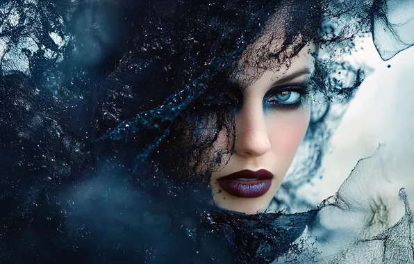 Girl, makeup, brunette, fantasy, image, witch, in black, AI art