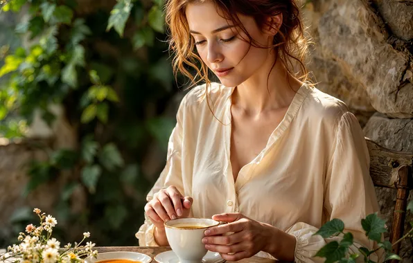 Girl, nature, pose, table, tea, foliage, morning, garden