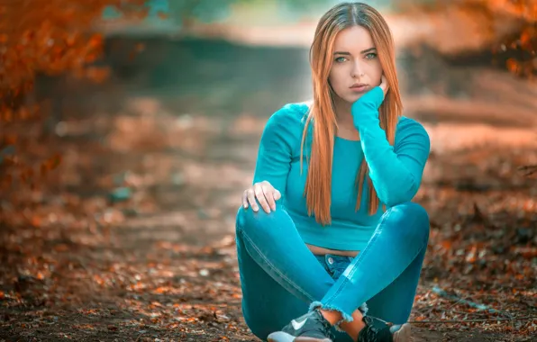 Picture look, trees, pose, Park, model, portrait, jeans, makeup