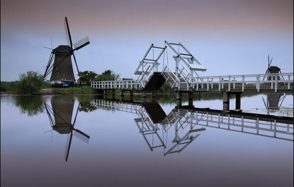 Bridge, mill, channel, Netherlands, Holland, Kinderdijk