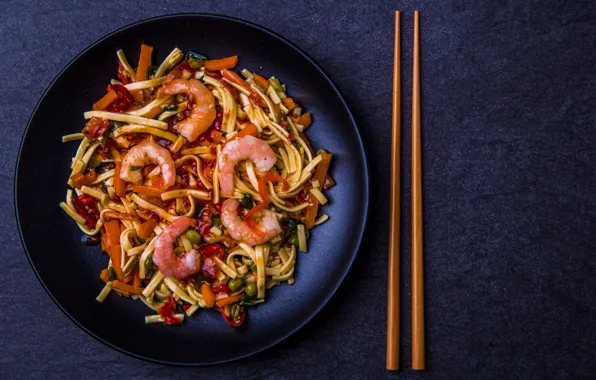 The dark background, vegetables, dish, shrimp, purple background, noodles, Asian cuisine, chopsticks