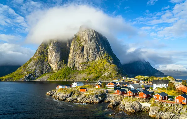 Picture house, sky, landscape, nature, water, mountains, clouds, rocks