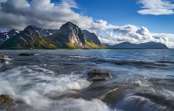 Sea, the sky, clouds, mountains, nature, rocks, Norway, Lofoten