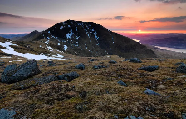 Picture the sky, the sun, landscape, sunset, mountains, river