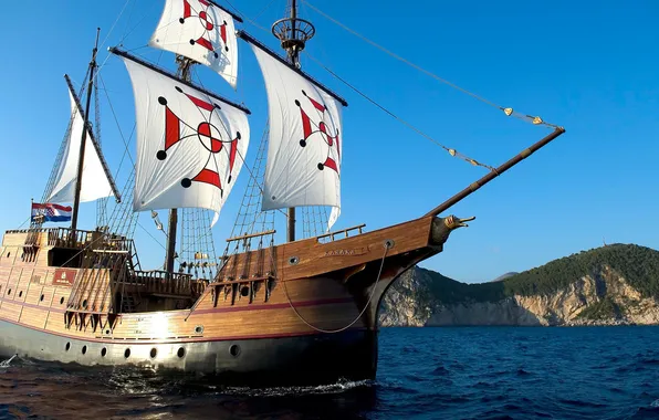 Sea, coast, sailboat, karakka, under the flag of Croatia, replica of Santa Maria, A three-masted …