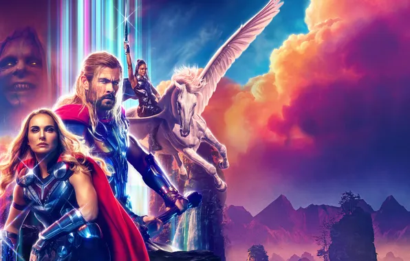 Natalie Portman, Natalie Portman, poster, comic, Chris Hemsworth, MARVEL, Chris Hemsworth, Tessa Thompson