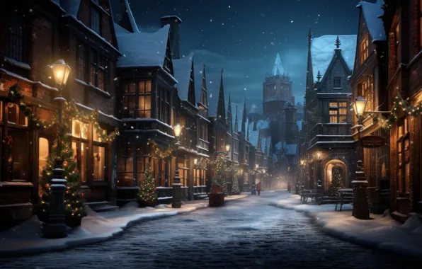 Winter, snow, the city, house, building, home, Christmas, New year