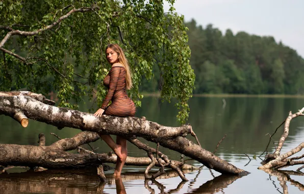 Leaves, water, girl, nature, tree, log, Olga Kobzar, Kobzar, Which