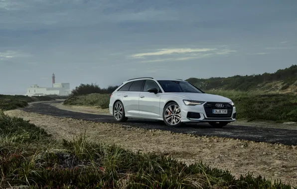 White, Audi, hybrid, universal, on the road, Audi A6, 2020, A6