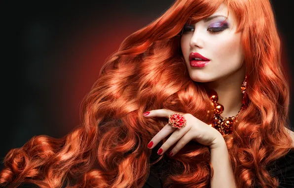 Picture girl, background, hand, makeup, ring, beads, red, long hair