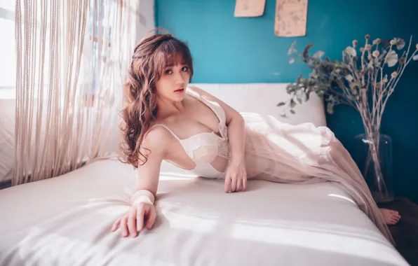Look, girl, pose, bed, negligee, Asian