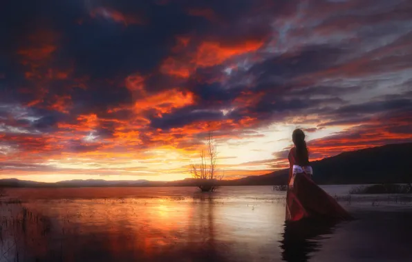 The sky, girl, landscape, nature, romance, dal, dress, long hair