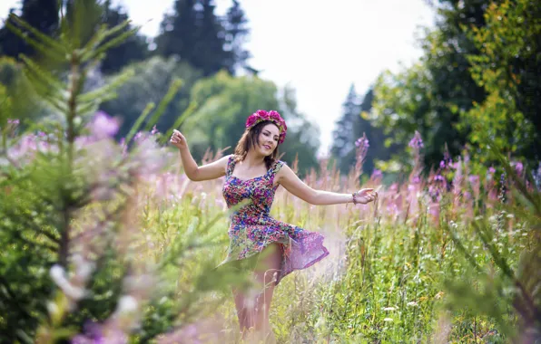 Picture summer, girl, nature, wreath, sundress