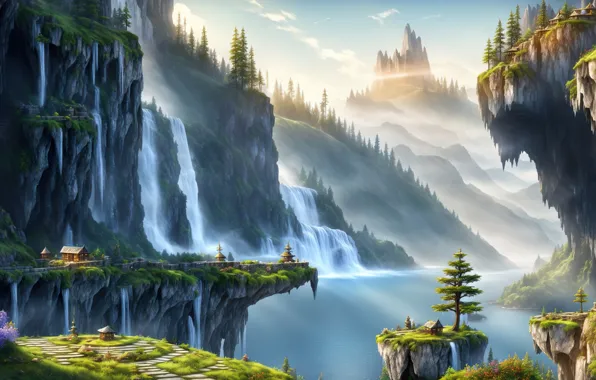 Fantasy, landscape, art, waterfall, village, mount, Stable Diffusion, neuronet