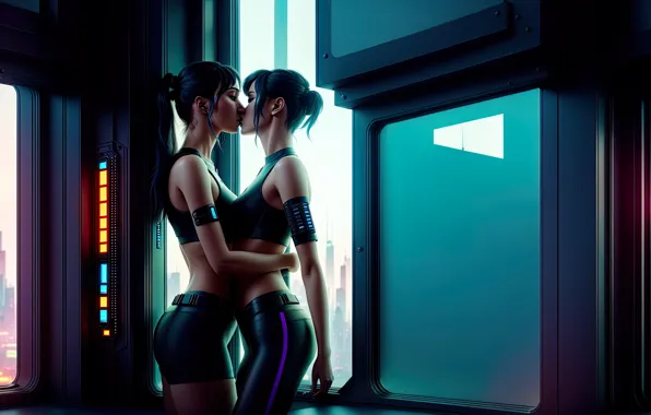 Future, girl, fantasy, art, kiss, digital art, fantasy art, fantasy girls