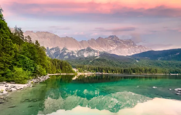 Forest, the sky, clouds, mountains, lake, reflection, shore, tops