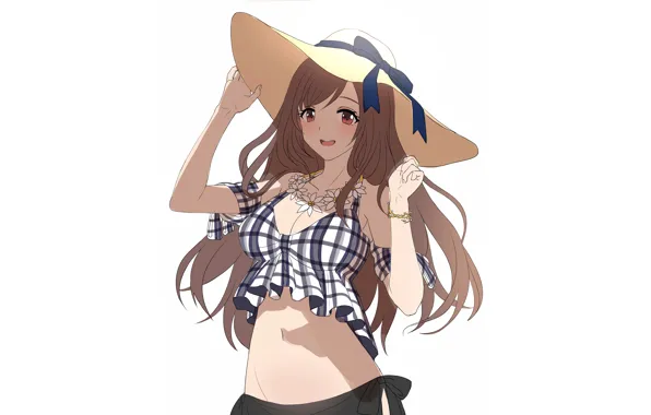 Girl, sexy, cleavage, long hair, hat, brown hair, boobs, anime