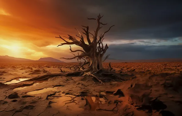 Landscape, cracked, tree, desert, snag, dry, AI art, neural network