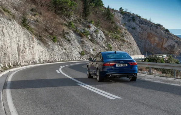 Picture road, mountains, markup, vegetation, Jaguar, slope, back, sedan